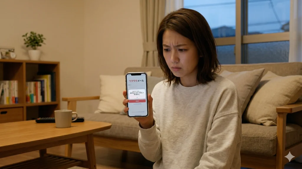 自宅のリビングで、スマホに表示された「ワクワクメール」のログインエラー画面を前に、困惑した表情を浮かべるナビゲーター美緒。