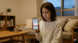 自宅のリビングで、スマホに表示された「ワクワクメール」のログインエラー画面を前に、困惑した表情を浮かべるナビゲーター美緒。