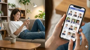 ナビゲーターの美緒がスマホで男性のプロフィールを検索している