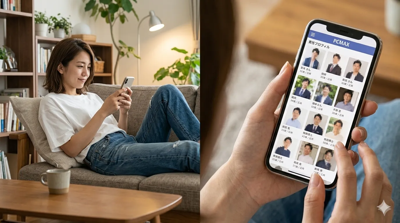 ナビゲーターの美緒がスマホで男性のプロフィールを検索している