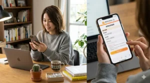 自宅のデスクでワクワクメールに登録しようとしている美緒の様子。左側はスウェット姿でスマホを持つ美緒とノートパソコンが映る広角ショット、右側は手に持ったスマホ画面の登録フォーム（モザイクあり）のクローズアップ。